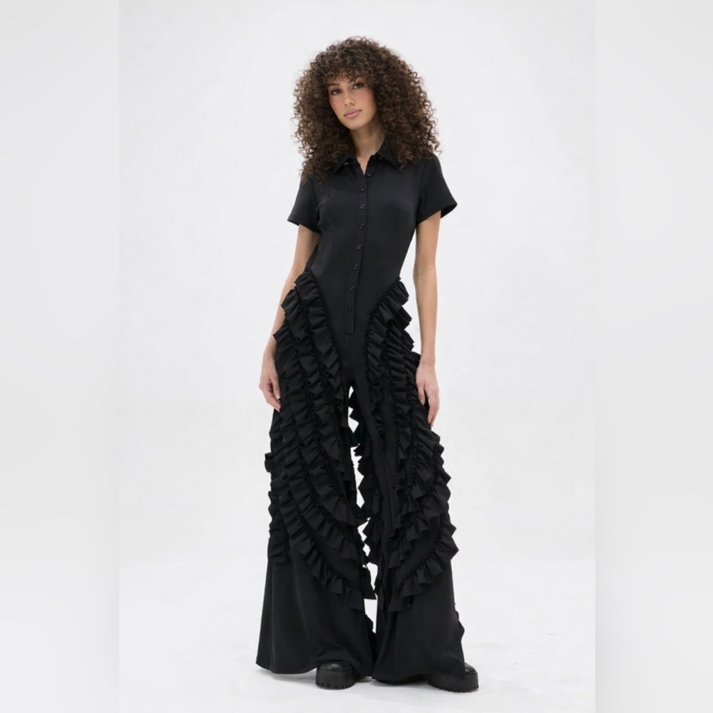 Statement Black Ruffled Wide-Leg Jumpsuit Women's Size M Party - Picture 1 of 6